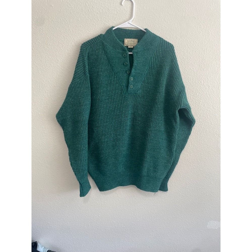 L.L. Bean VTG Henley Sweater Men Large Tall Green Wool High Trek Yarn Ribbed USA